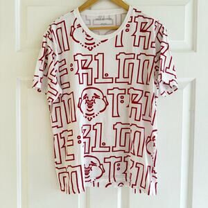 True Religion T-Shirt Mens Large White Red All Over Print Buddha Graphic Y2K